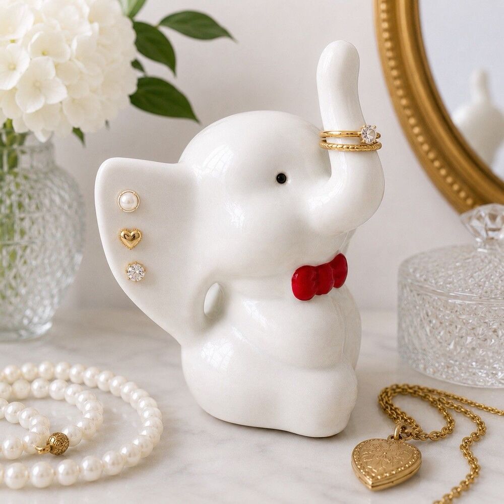 Vintage 1950s White Ceramic Elephant Earring & Ring Holder Jewelry Organizer
